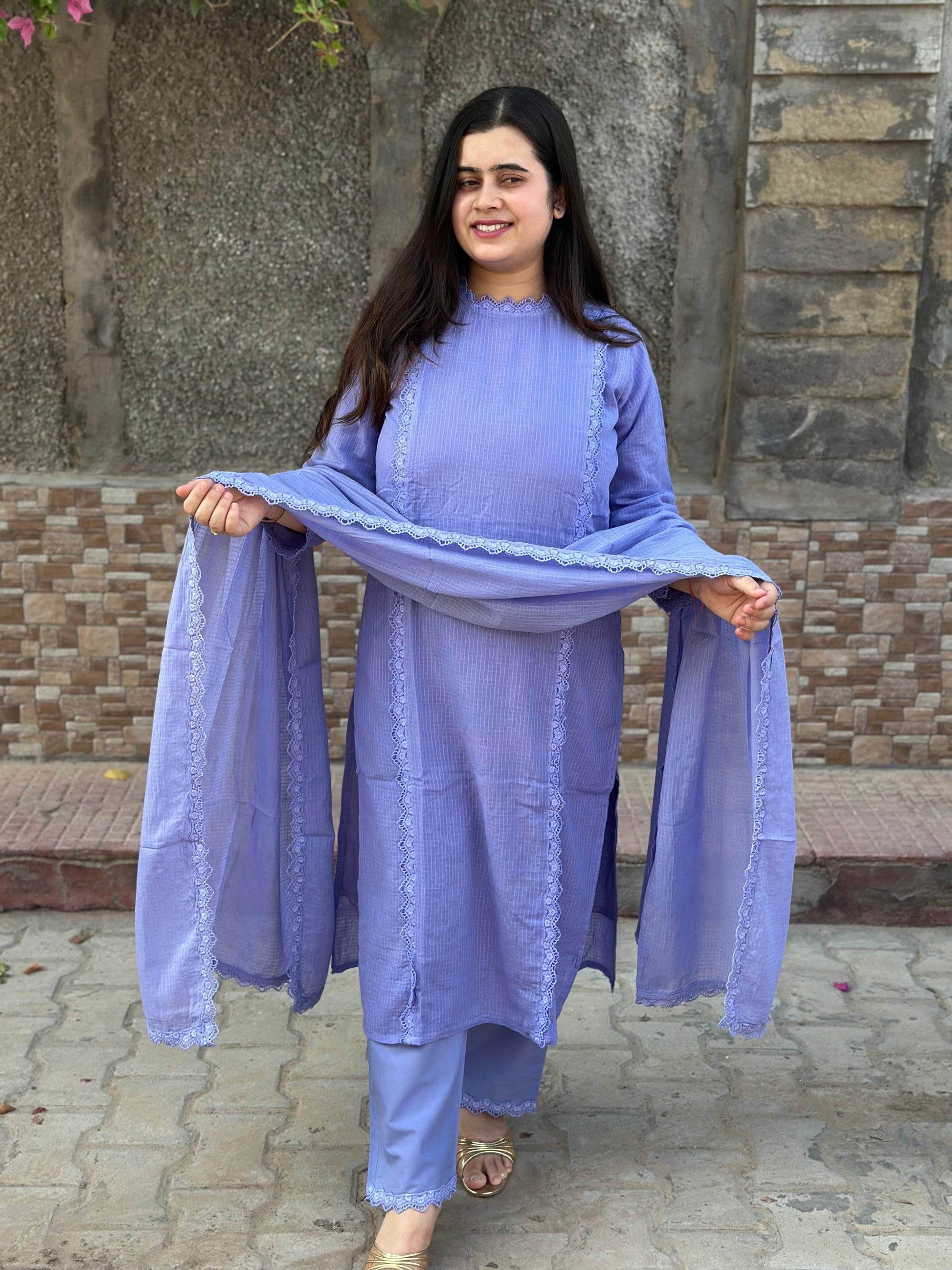 Lavender queen Kota Cotton kurta Set with pants and dupatta - Vijay Laxmi