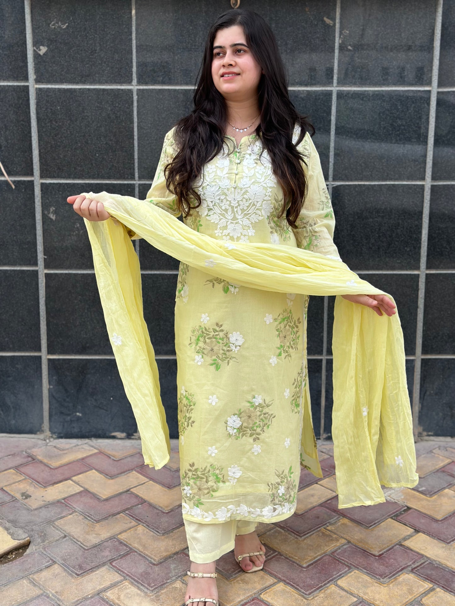 Gulmohar Mulmul Cotton kurta Set with pant & dupatta