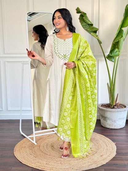 Off White Embroidered Cotton Flex Suit Set with Cotton Silk Dupatta