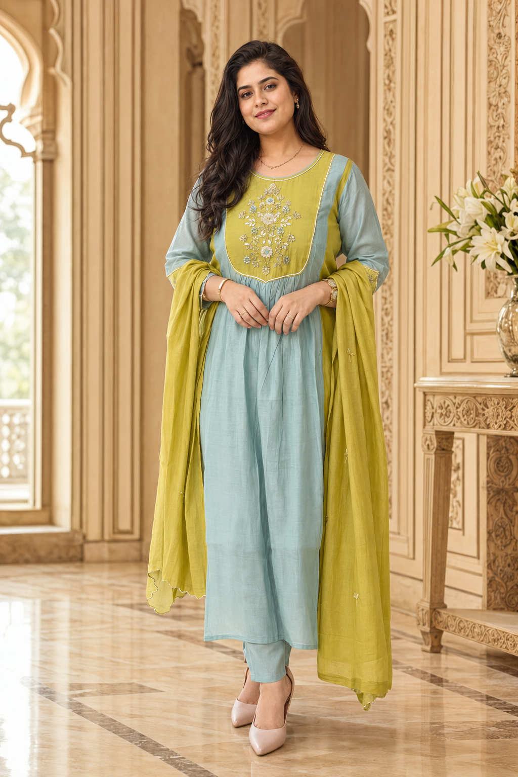 Anami festive Mul chanderi kurta set with silk dupatta