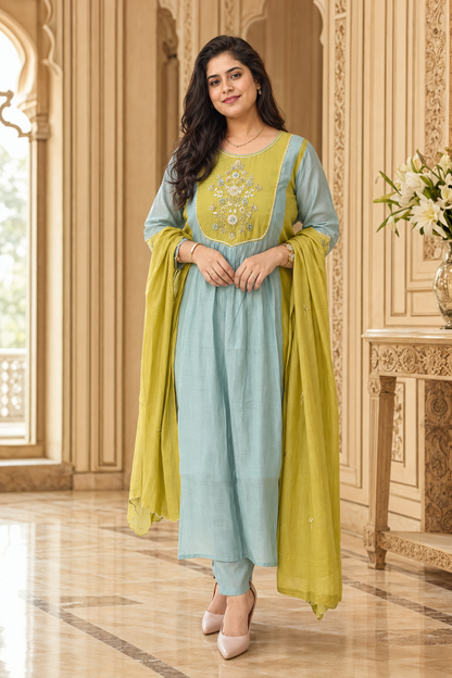 Anami festive Mul chanderi kurta set with silk dupatta