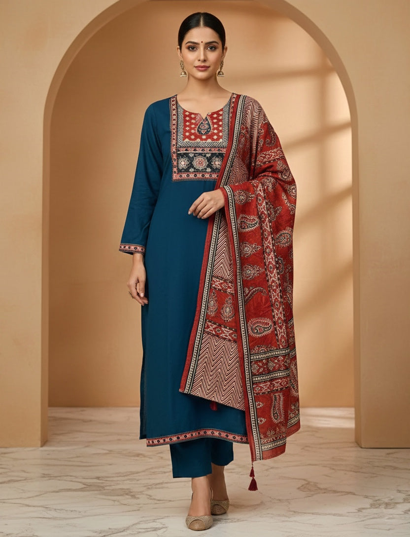 Blue Arjakh Cotton Kurti Pant Dupatta Set – Thread & Lace