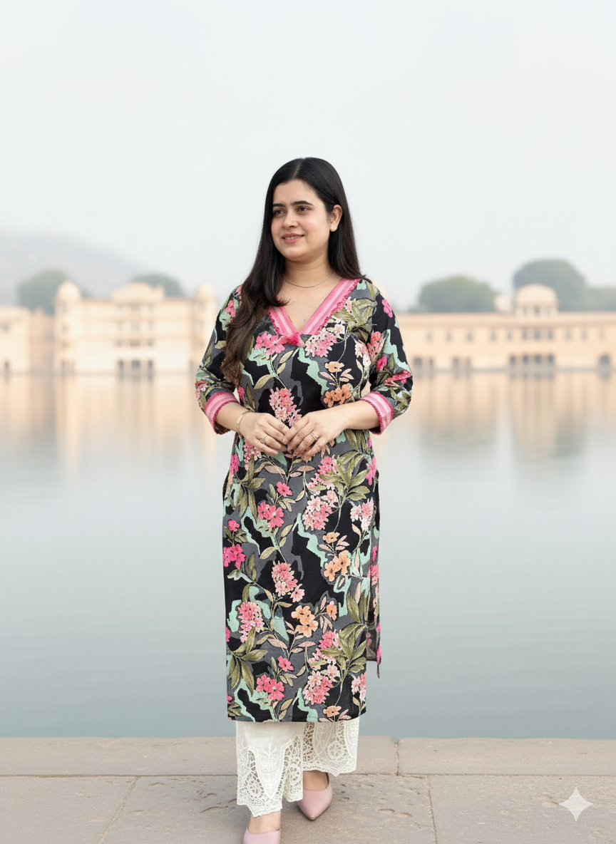 Premium Floral Black Cotton Kurti For Women