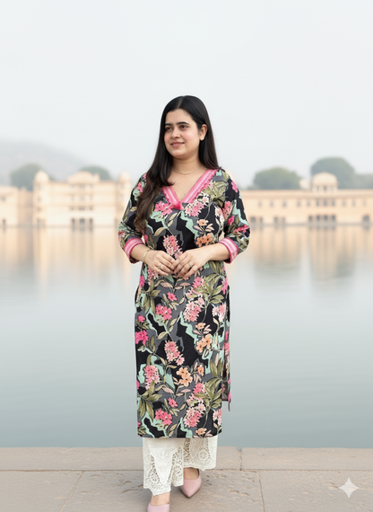 Premium Floral Black Cotton Kurti For Women