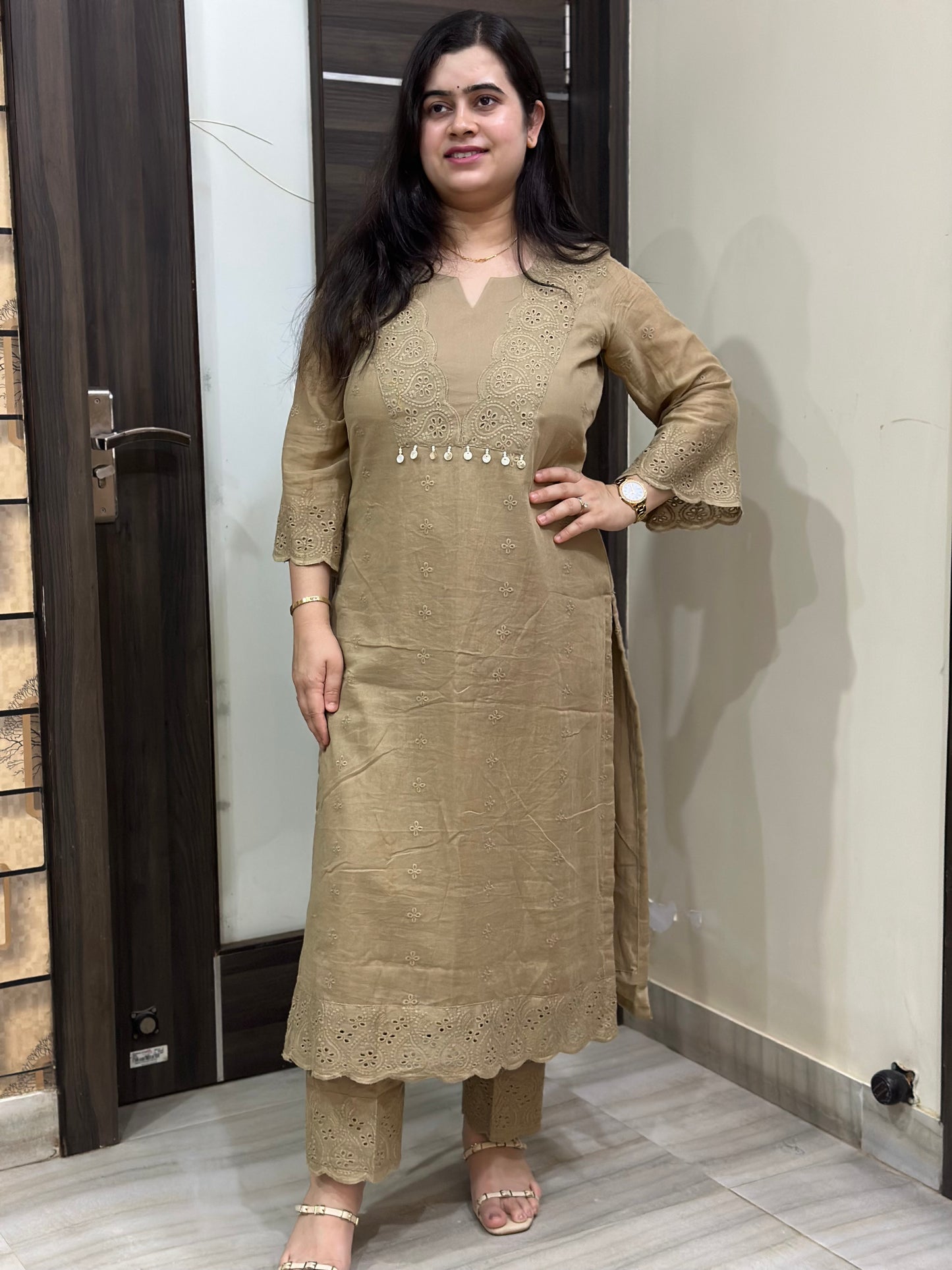 Mehar premium chikankari cotton Kurta & Pant with cotton lining Brown