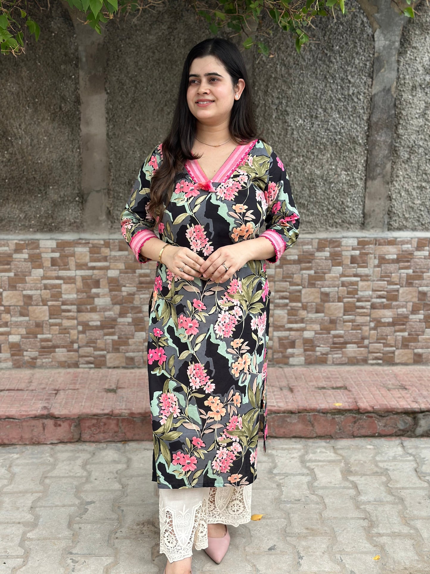 Premium Floral Black Cotton Kurti For Women