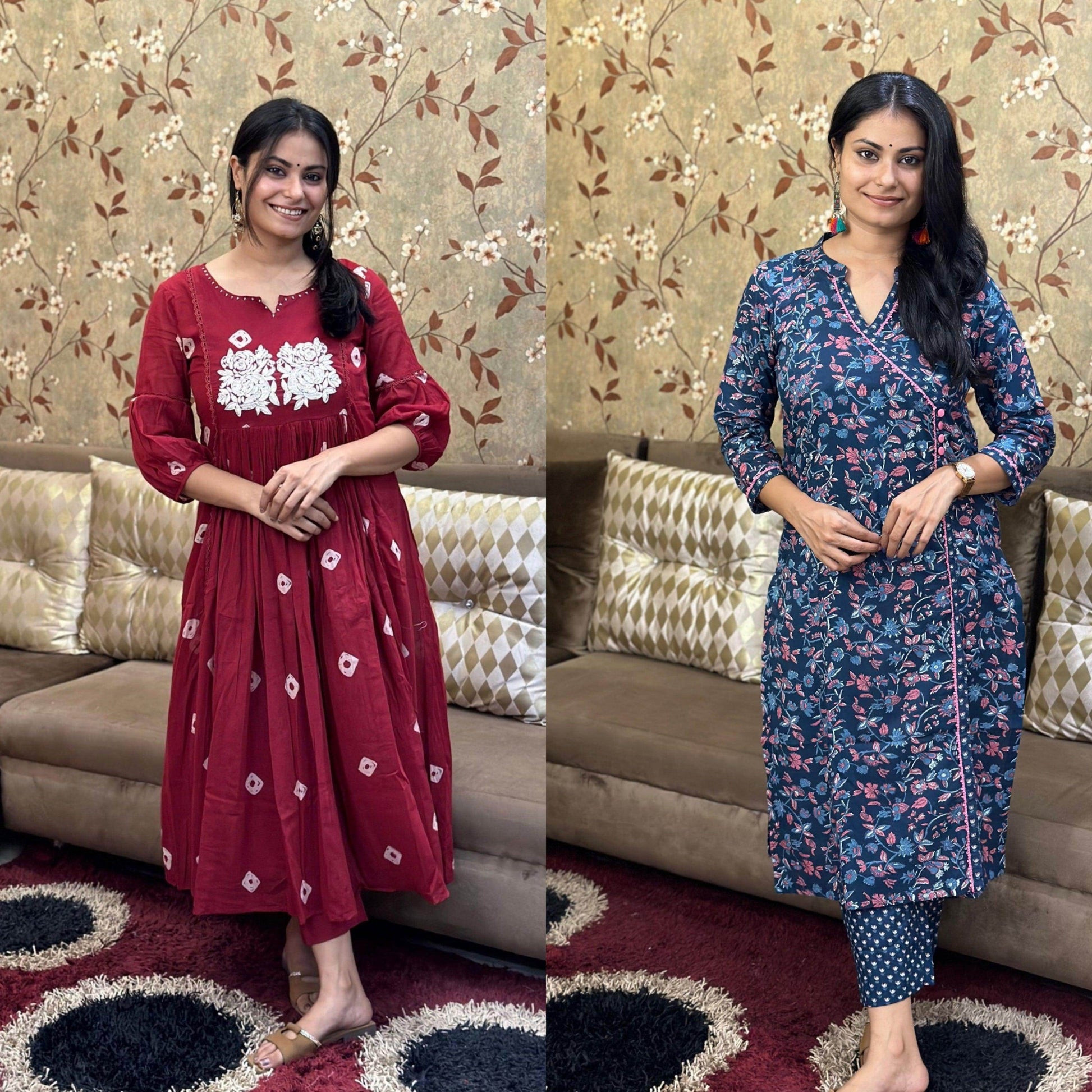 Premium Cotton Kurta Set For Women GRC + Cotton Kurta Set Angrakha BLU - Vijay Laxmi