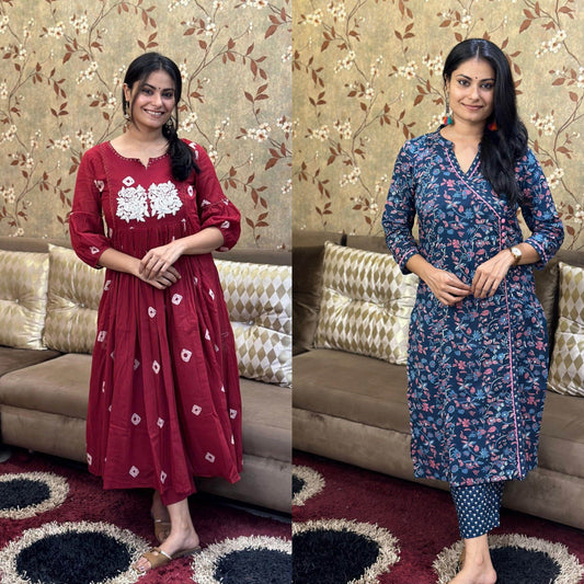 Premium Cotton Kurta Set For Women GRC + Cotton Kurta Set Angrakha BLU - Vijay Laxmi