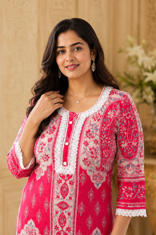 Gulzar kalamkari cotton suit set pink