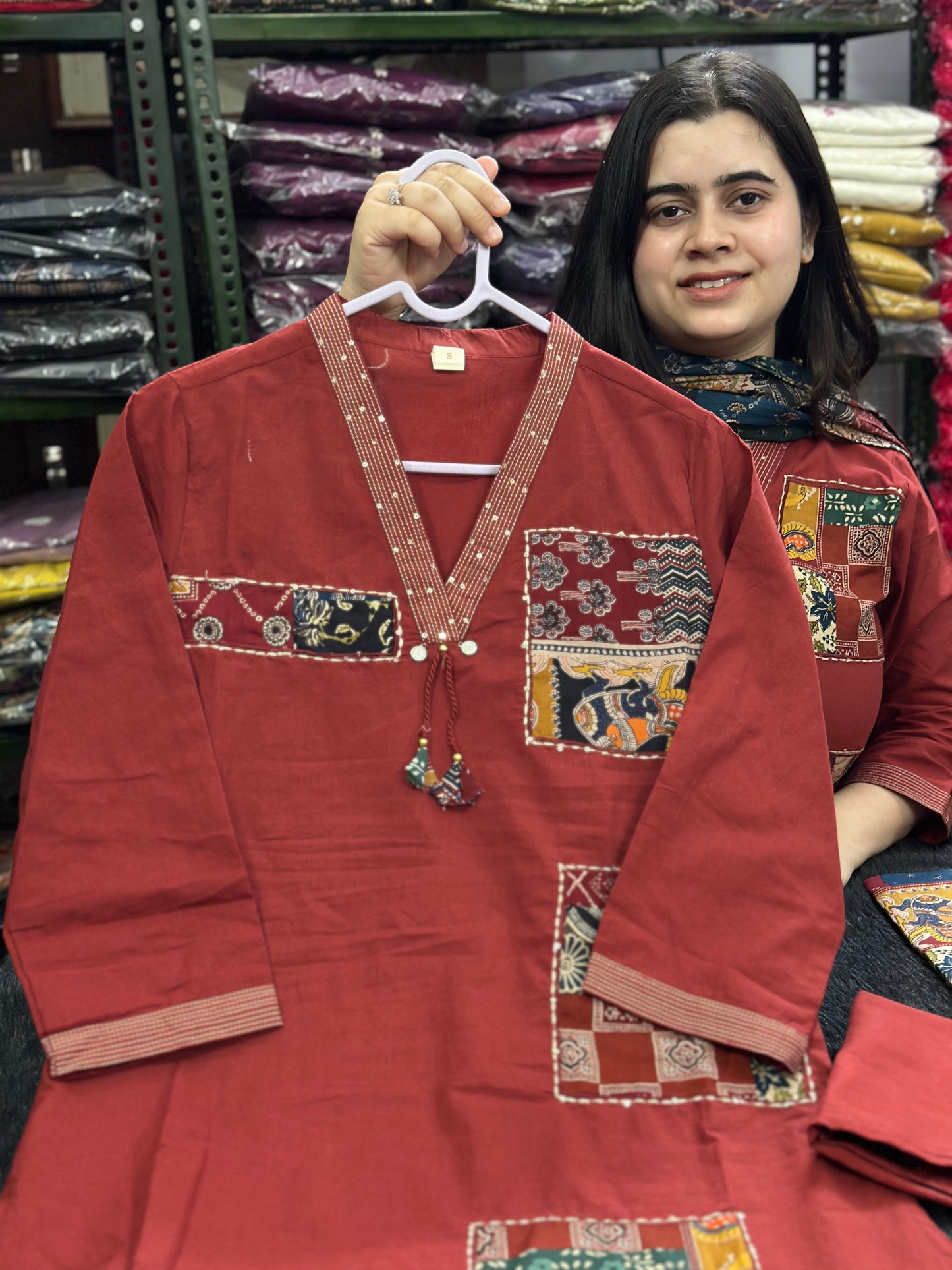 Stylish Ajrakh Patchwork Cotton Suit Set