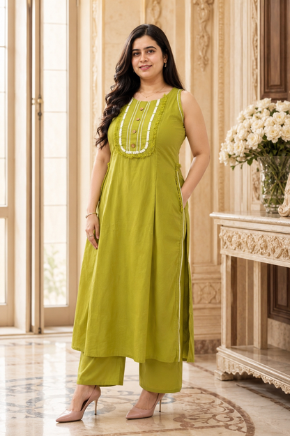 Anami Sleeveless Cotton Kurta set Green