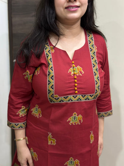 Madhubani Cotton kurta set for women red