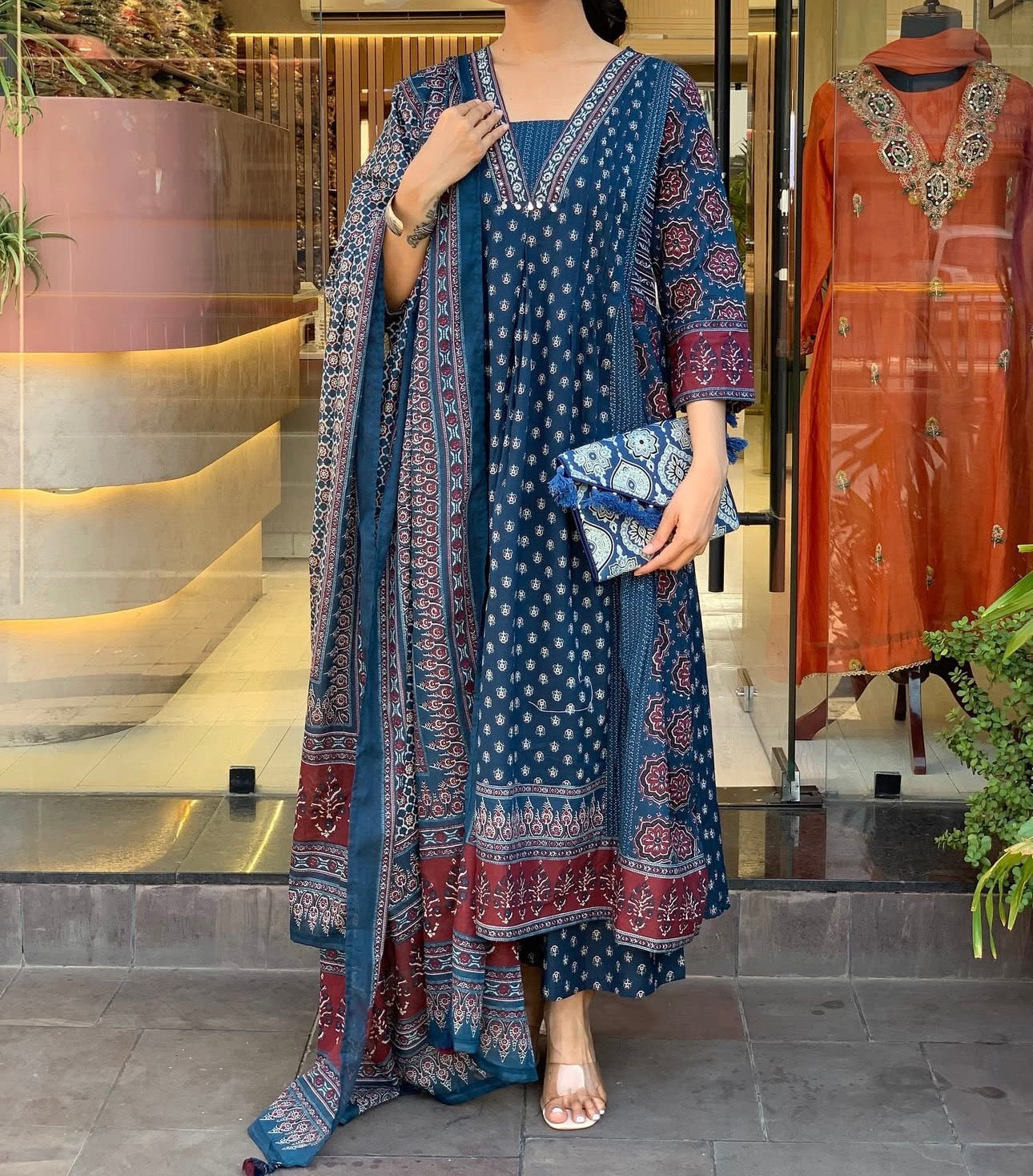 Mehar Anarkali Cotton Kurti Pant Dupatta Set – Thread & Lace Work (Only Pre-booking)