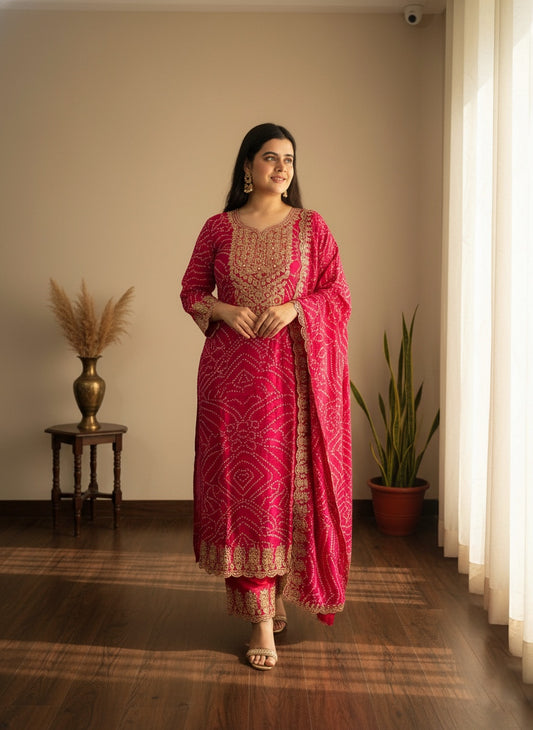 Maharani Handcrafted Bandhej  Embroidery Suit Set Pink