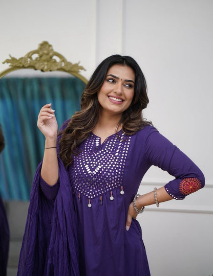 Deep Purple Cotton Kurti Pant Dupatta Set – Threadwork & Mirror Work