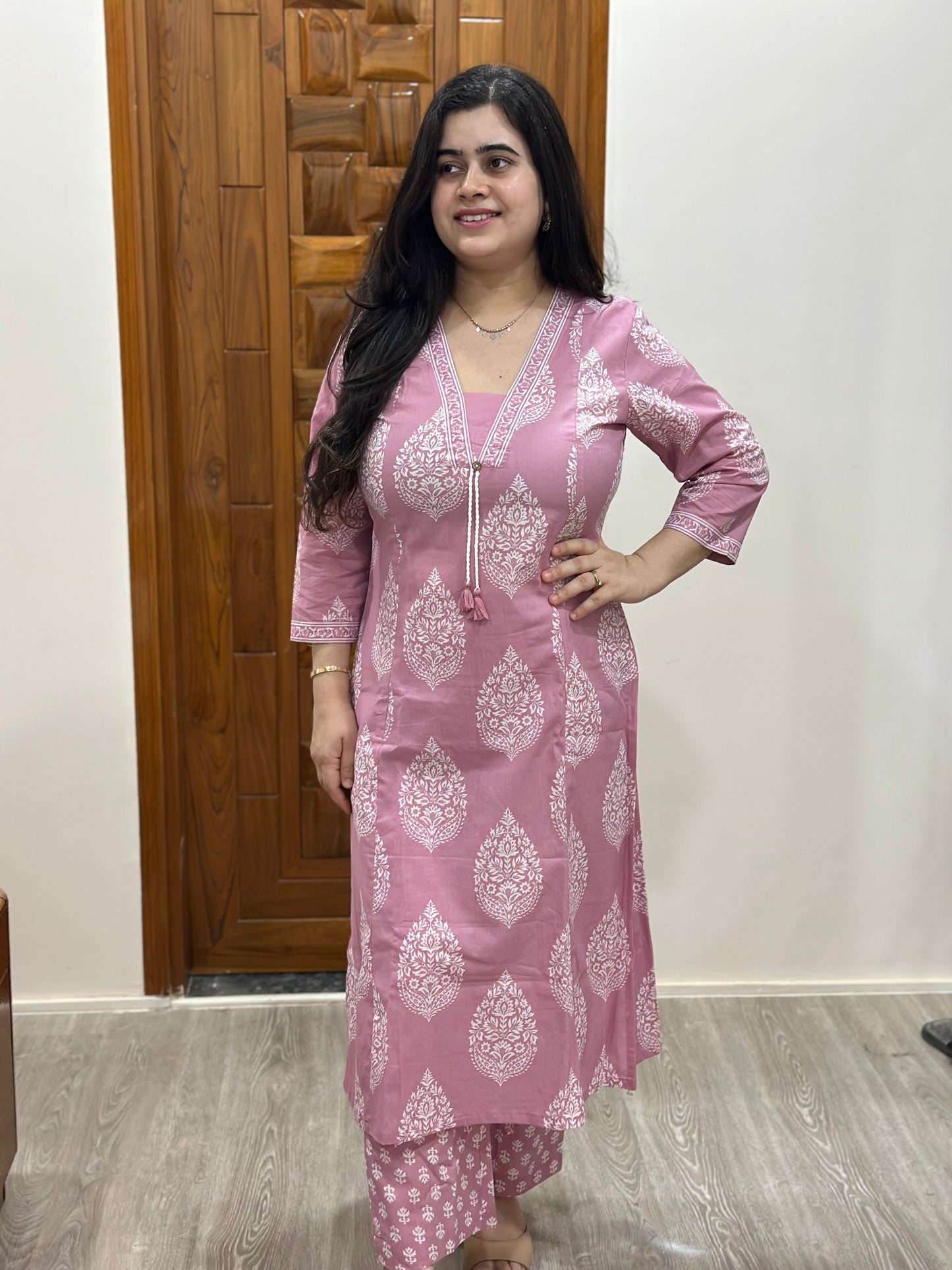 Gulmohar kalamkari cotton cord set pink