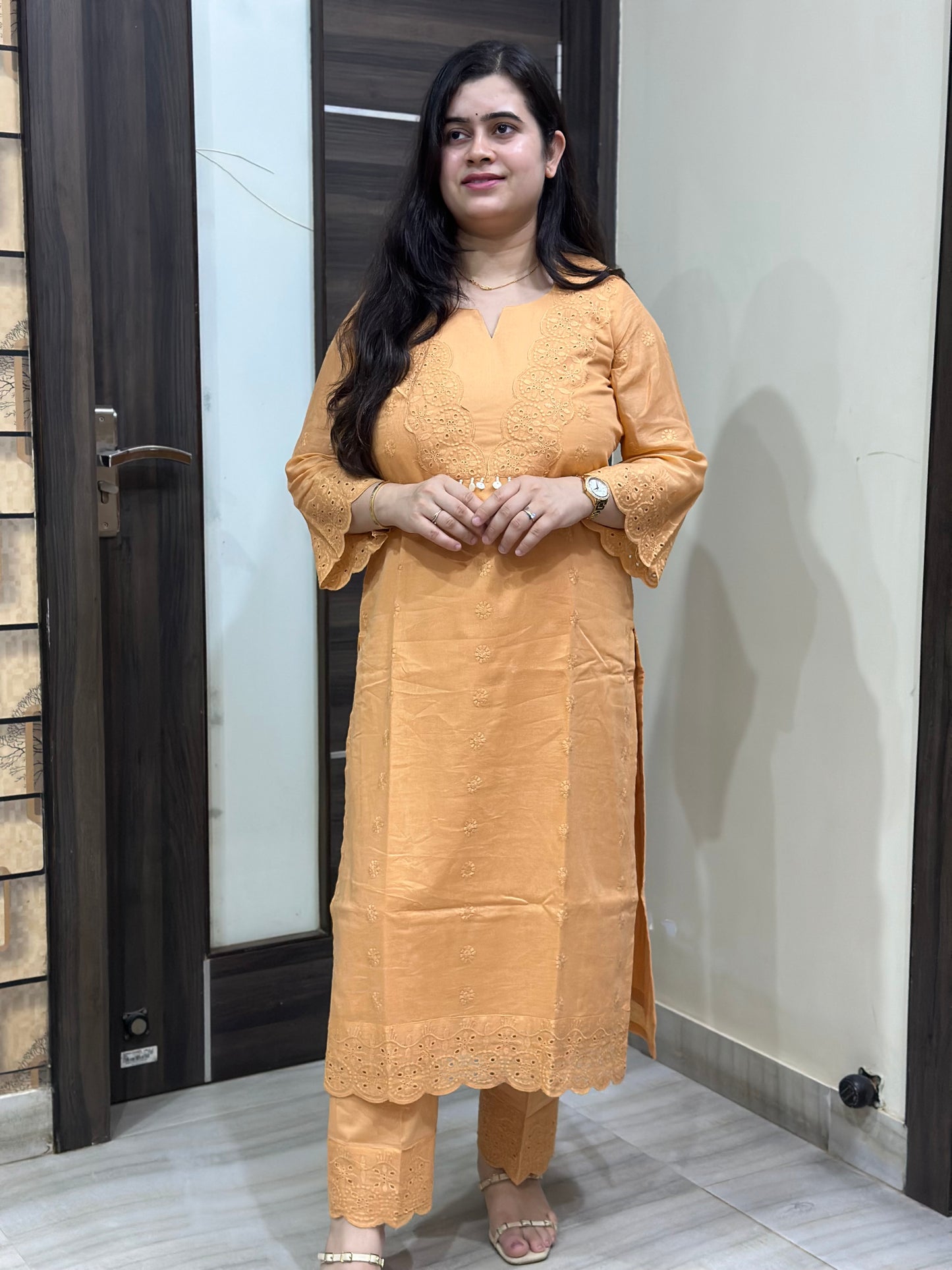 Mehar premium chikankari cotton Kurta & Pant with cotton lining orange
