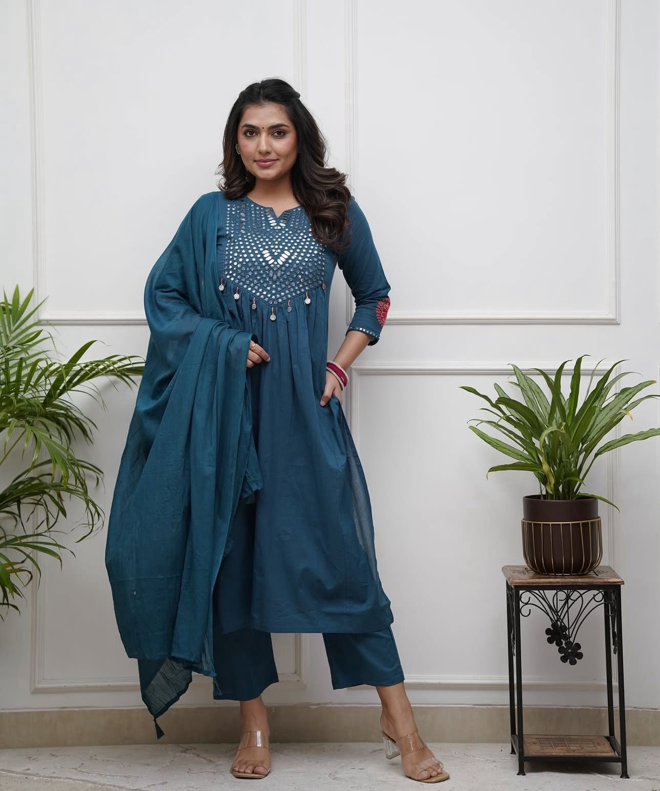 Teal Blue Cotton Kurti Pant Dupatta Set – Threadwork & Mirror Work