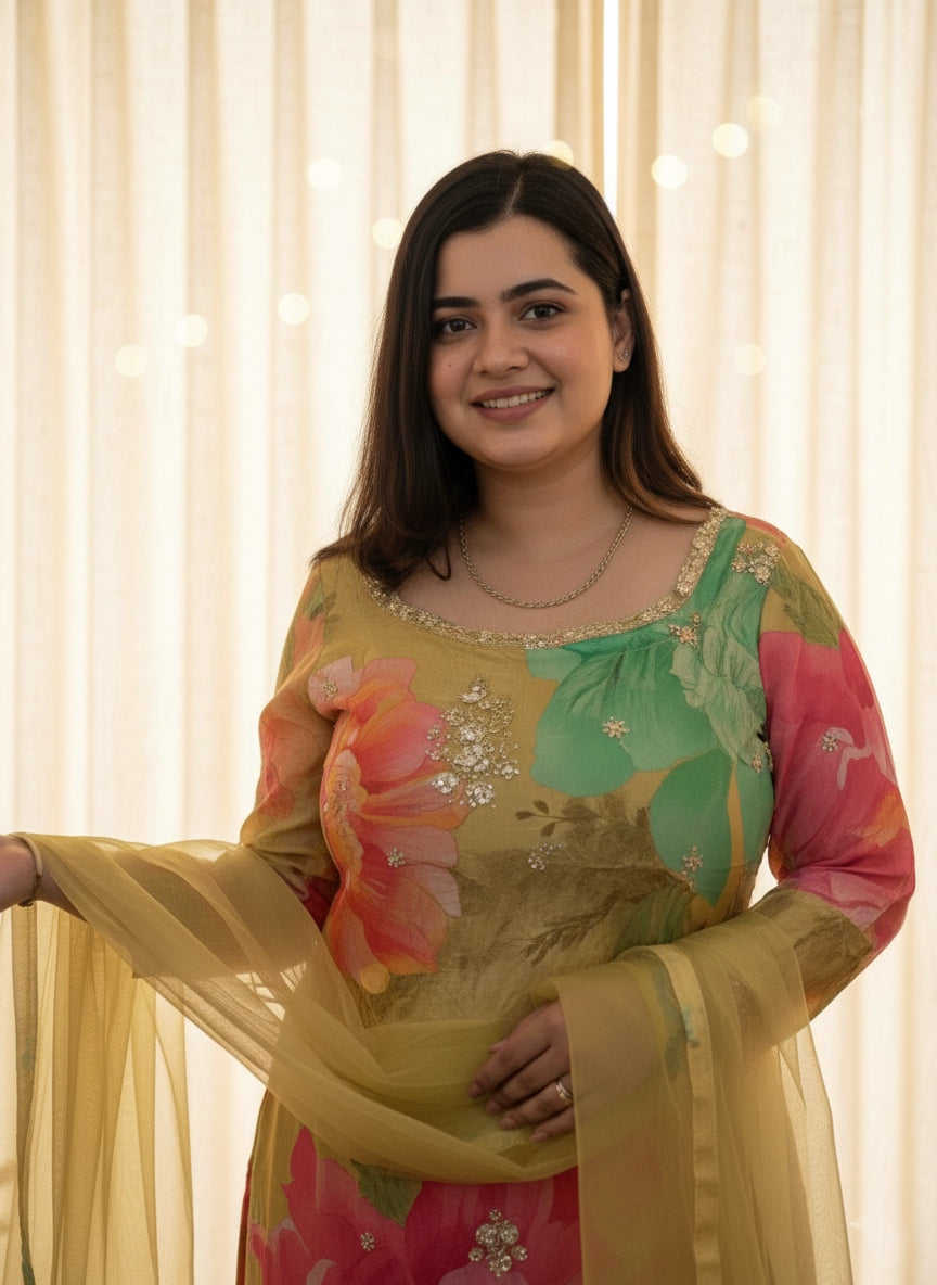 Chinon silk sharara suit