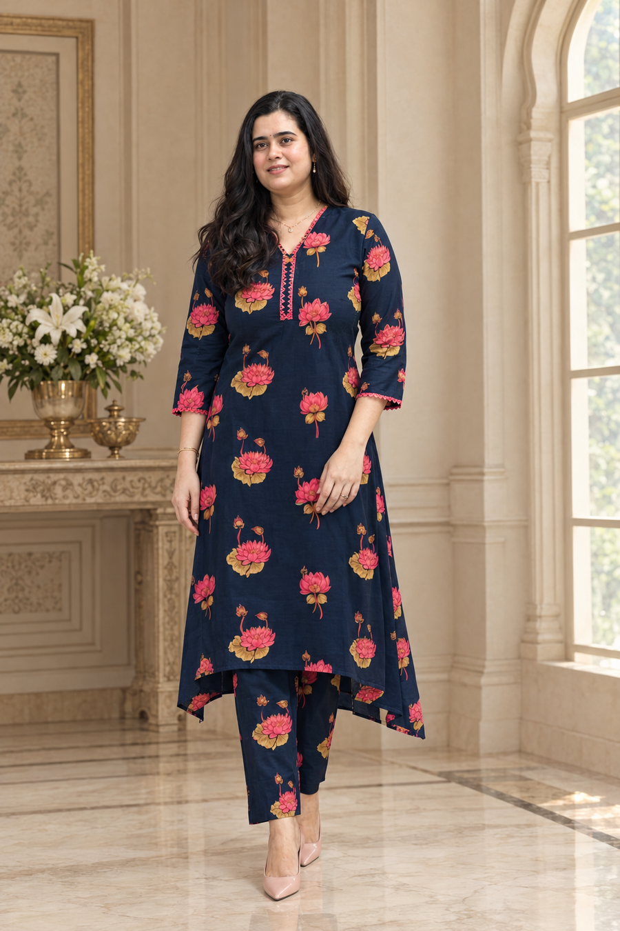 Navy Blue Floral Printed Kurta Pant Set for Women