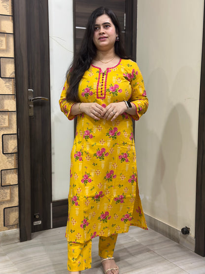Noor Floral cotton Kurta & Pant Yellow