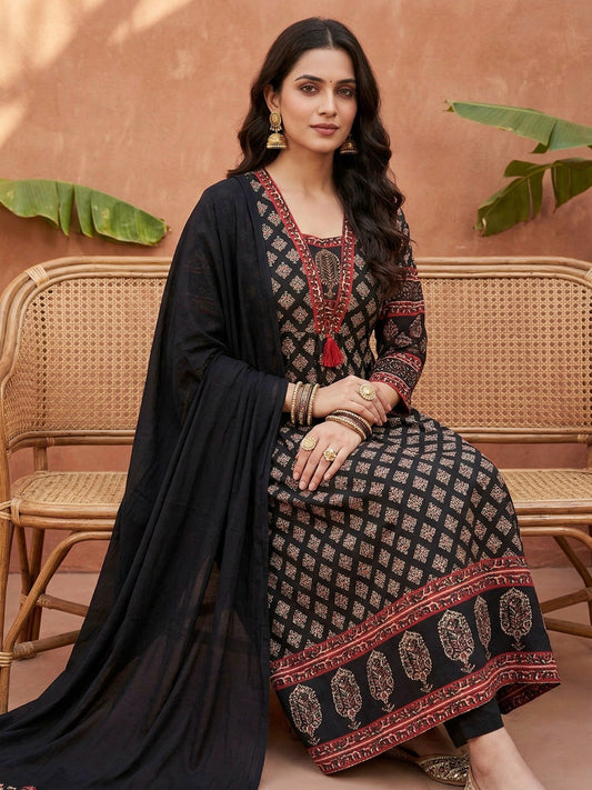 Aarohi Cotton Frock suit with dupatta & pants Black