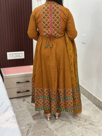 Gulzar Anarkali Cotton kurta Set with dupatta mustard