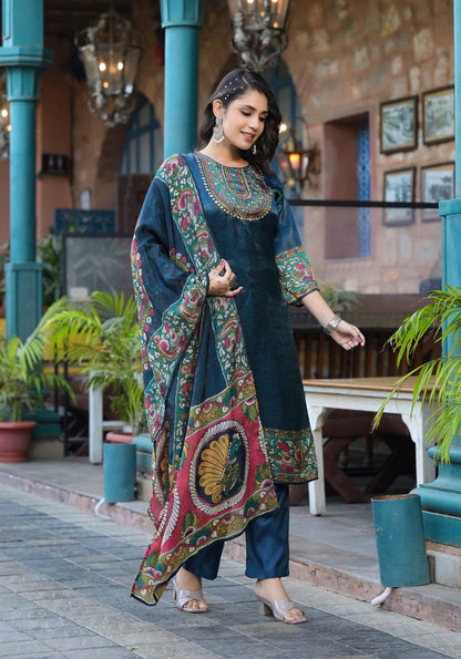 Soft Gajji Silk Suit For Women Peacock - Vijay Laxmi