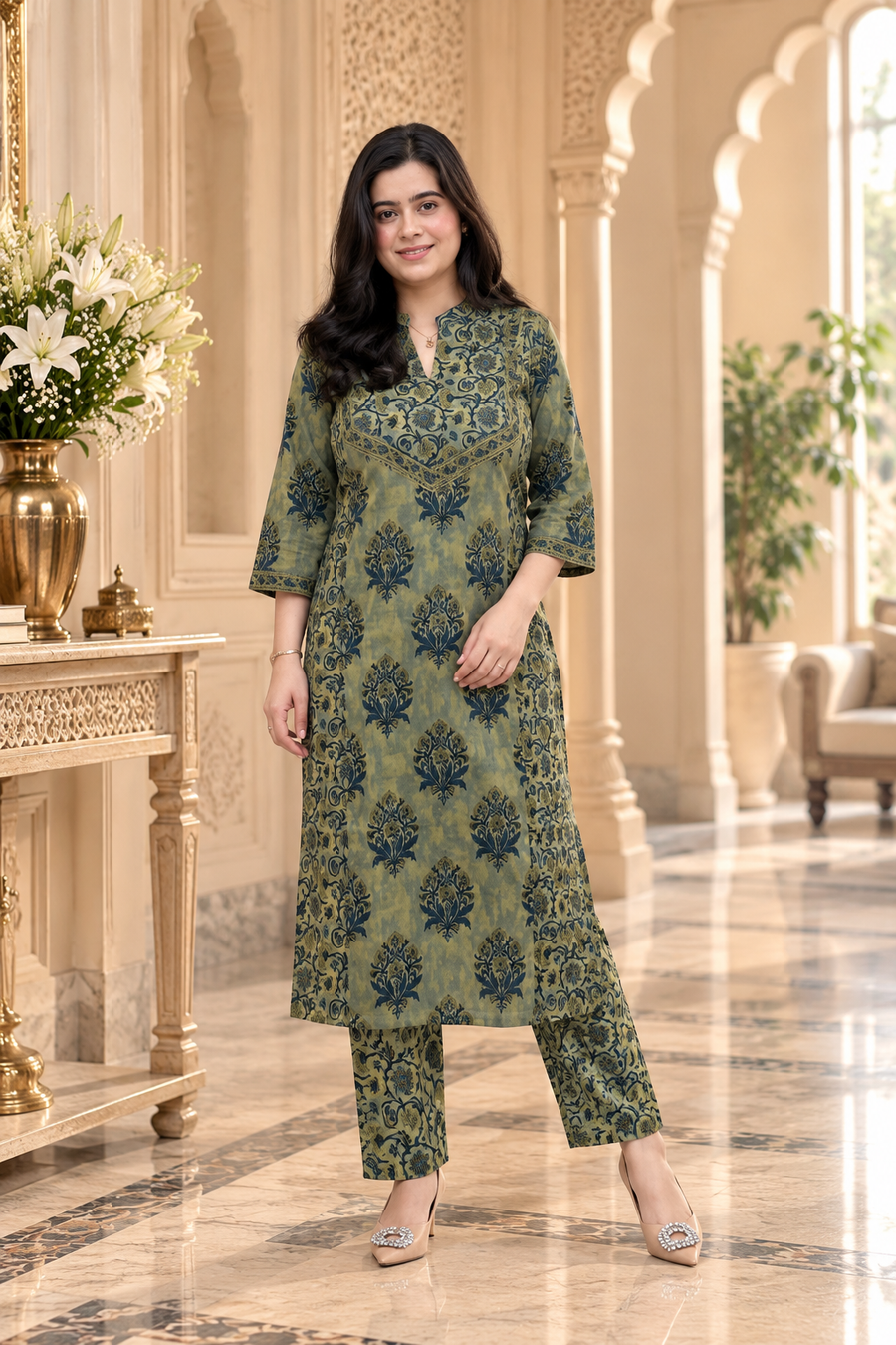 Nazakat Cotton kurta set for women green