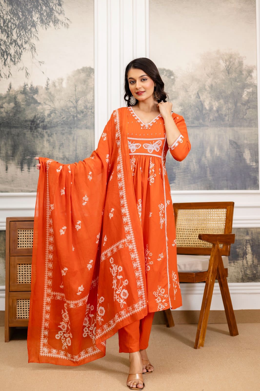Floral Cotton Kurti Pant Dupatta Set – Thread & Lace Orange