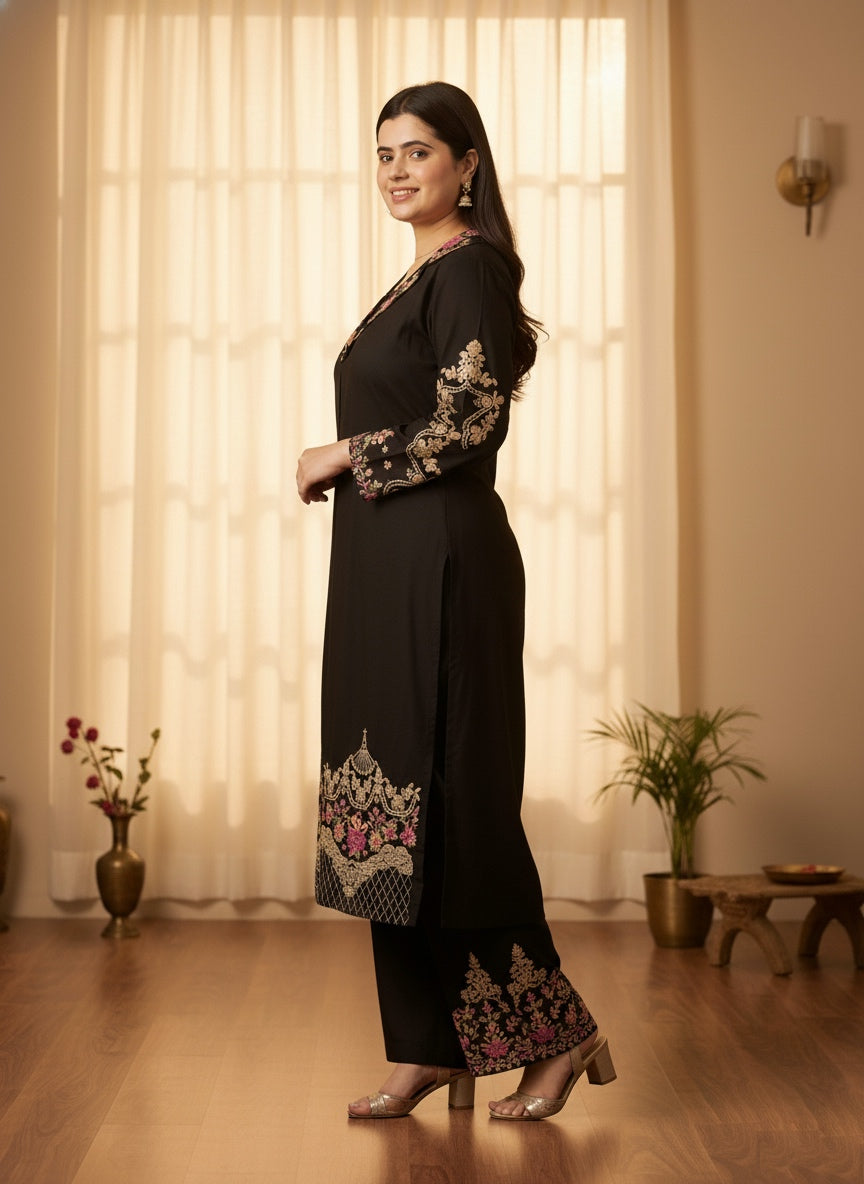Ultimate Black thread embroidery Kurta Pant Set