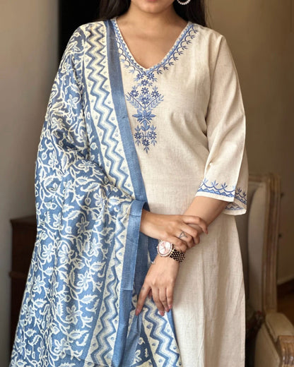 Off White Embroidered Cotton Flex Suit Set with Cotton Silk Dupatta