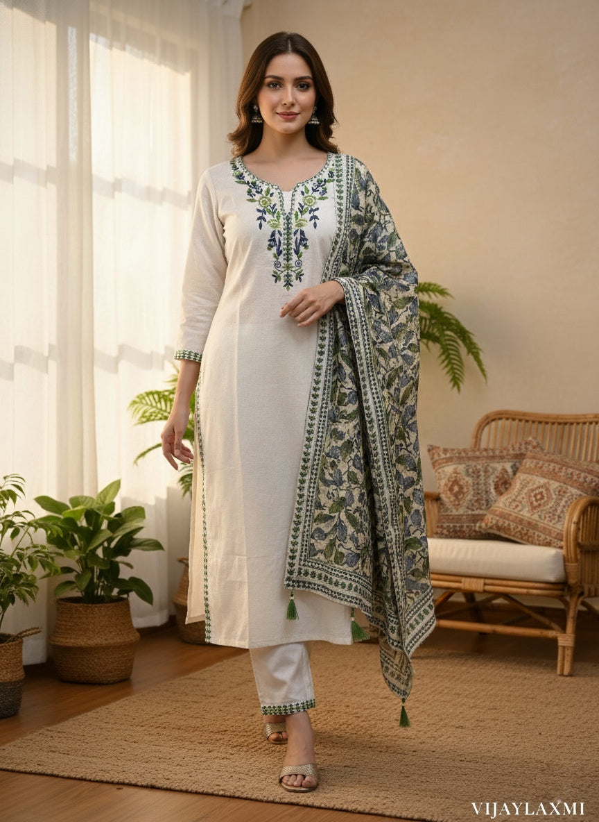 Off White Embroidered Cotton Flex Suit Set with Cotton Silk Dupatta
