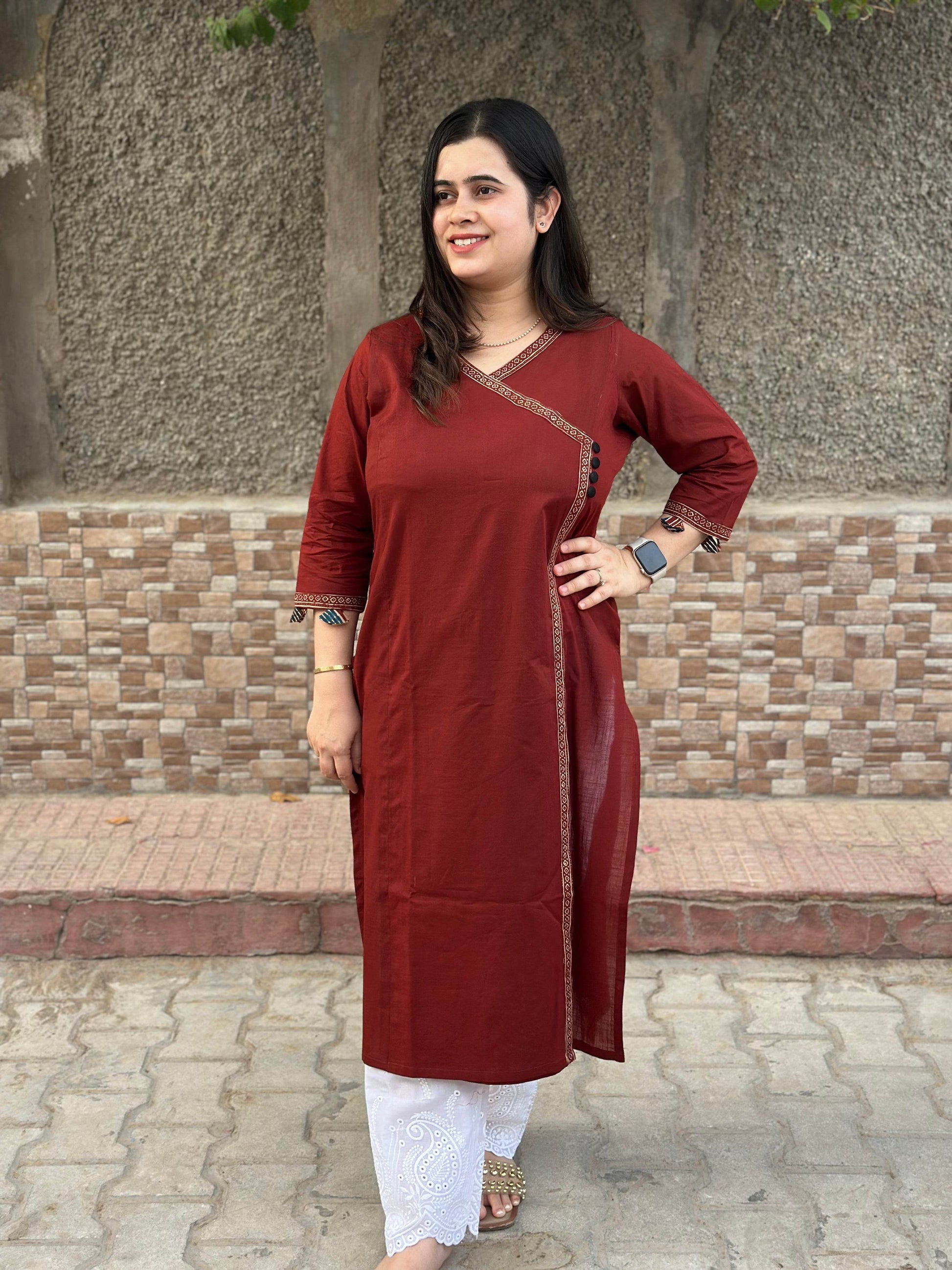 Airy Cotton Kurti for women red angrakha - Vijay Laxmi