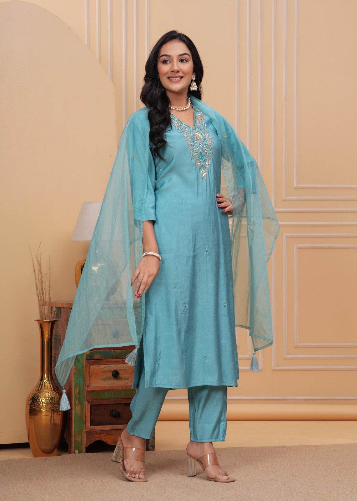 Modal Silk suit with organza dupatta - Vijay Laxmi