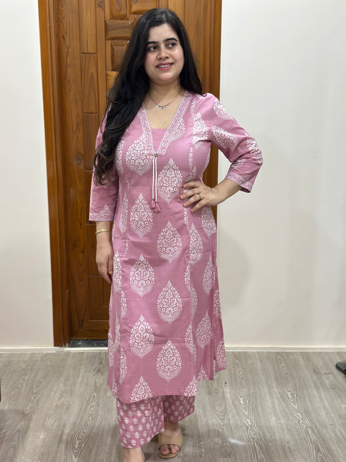 Gulmohar kalamkari cotton cord set pink