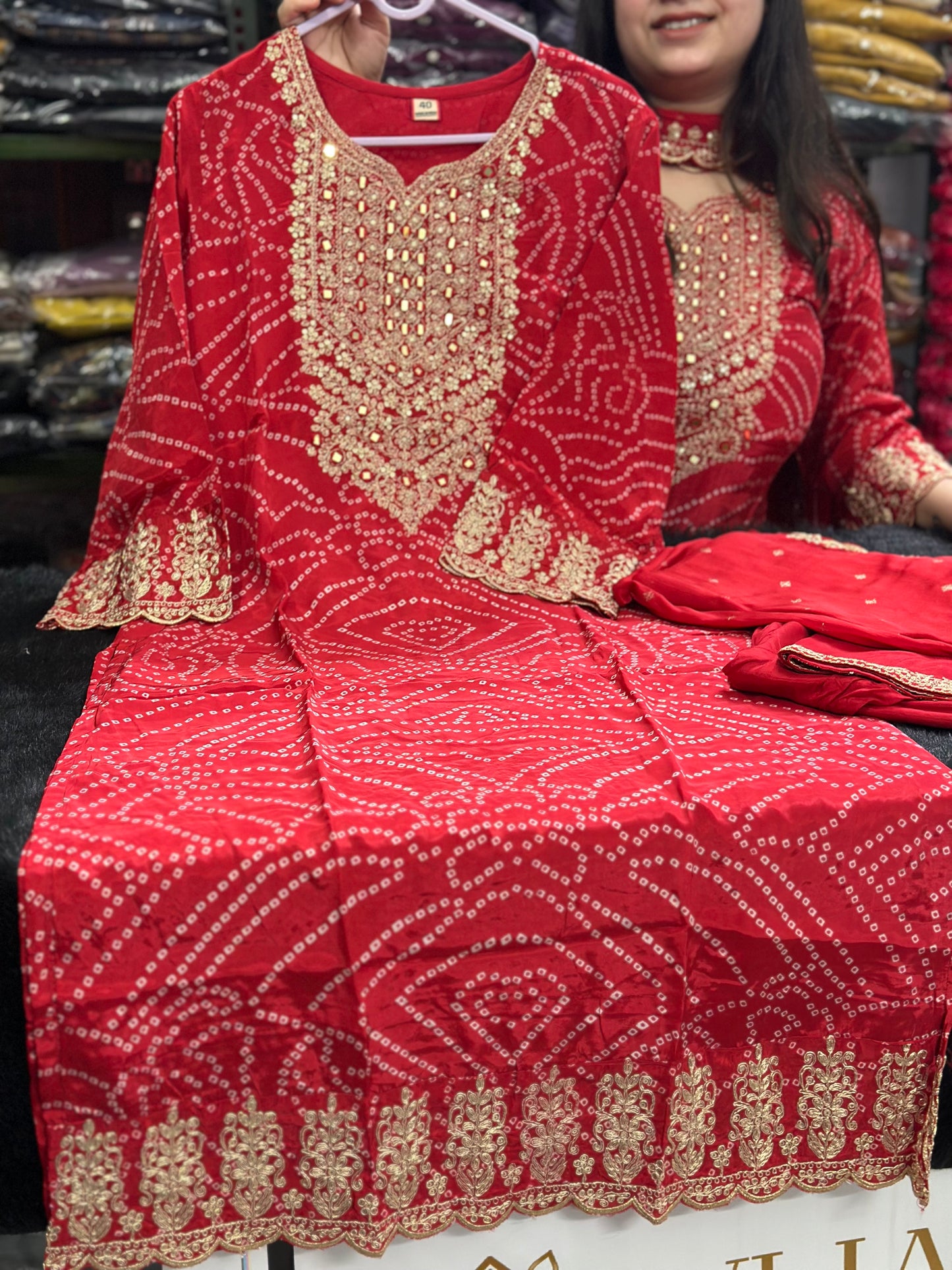 Maharani Handcrafted Bandhej  Embroidery Suit Set Red