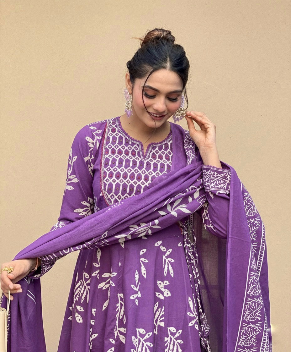 Amayra Cotton Embroidered Work Kurti Pant & Dupatta - Purple