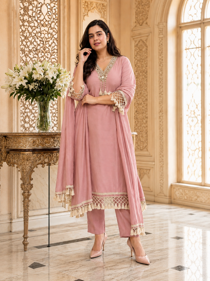 Anami festive Mul chanderi kurta set with silk dupatta pink