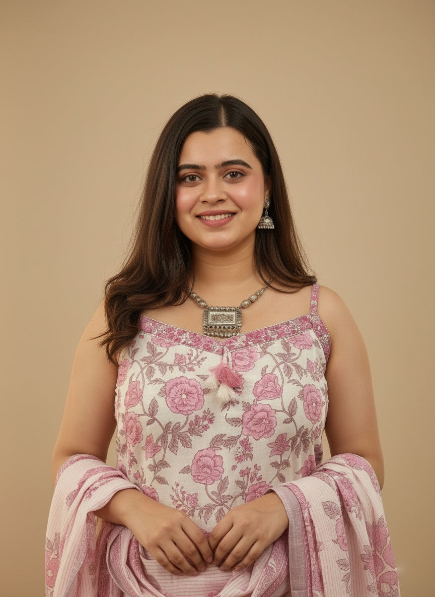 Sleeveless Thread Work Cotton Suit For Women