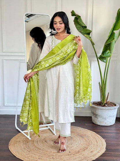 Off White Embroidered Cotton Flex Suit Set with Cotton Silk Dupatta