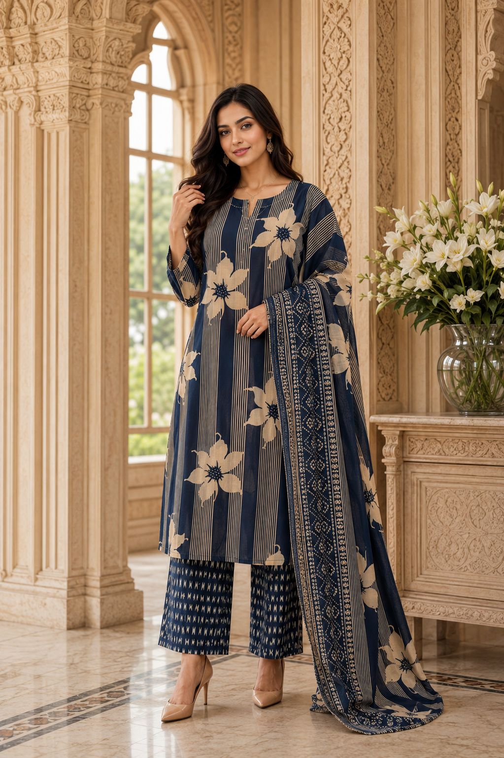 Noor cotton kurta set with pants & dupatta blue