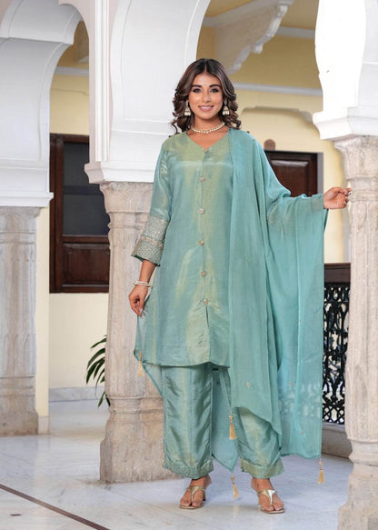 Shimmer Silk suit For Women Aqua - Vijay Laxmi