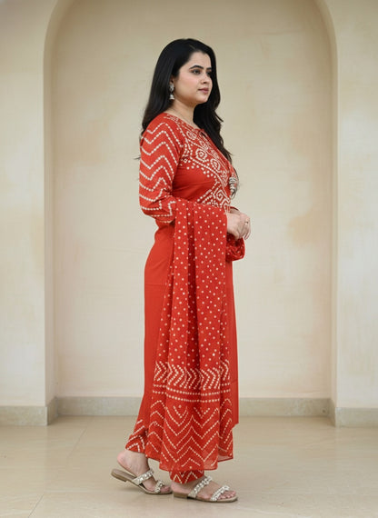 Amayra Cotton Kurta Embroidery Work Kurti Pant And Dupatta -Orange