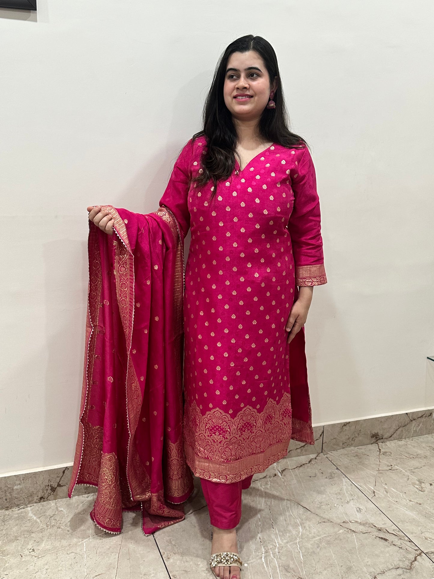 Rani Banarasi Silk Suit Set for Women- Kurta, Pant & Dupatta