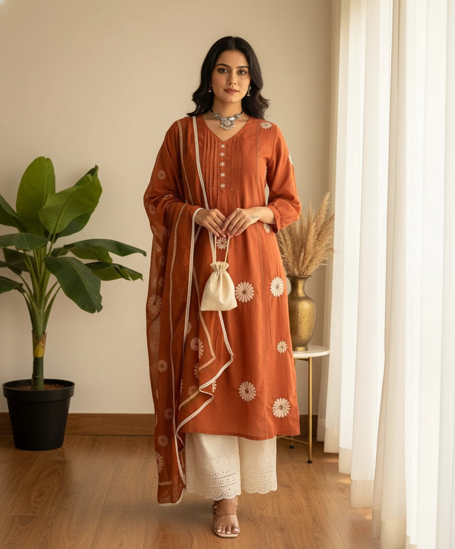 Phulaari Embroidered Cotton Kurti Pant Dupatta Set – Thread & Lace