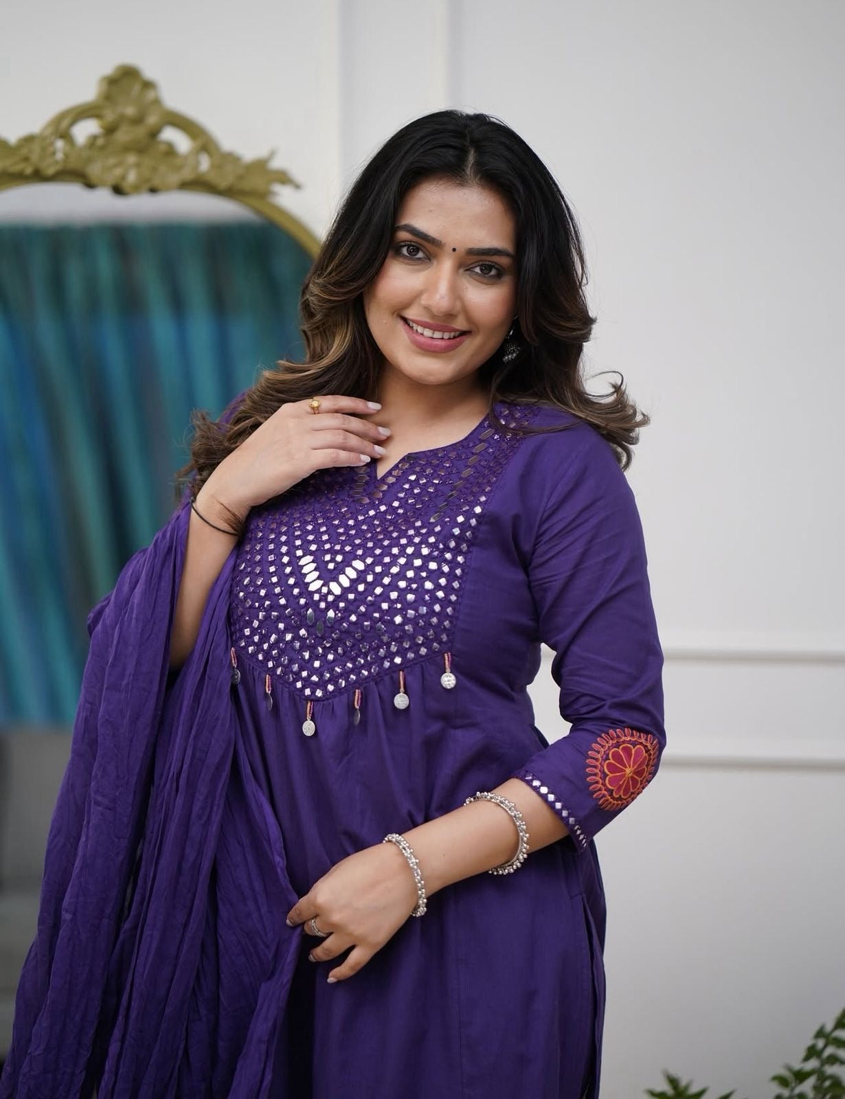 Deep Purple Cotton Kurti Pant Dupatta Set – Threadwork & Mirror Work