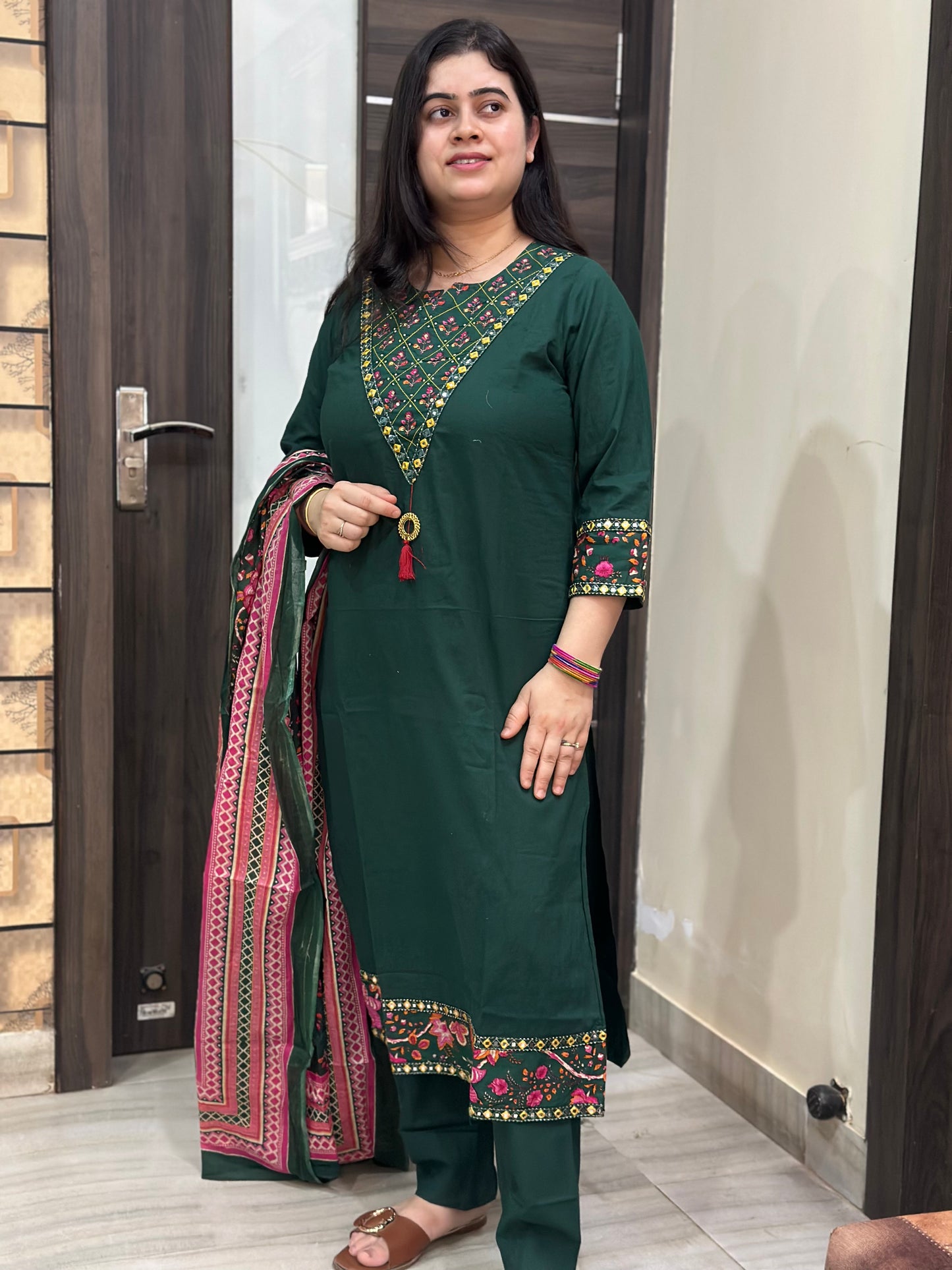 Gulzar cotton kurta set with kalamkari dupatta green