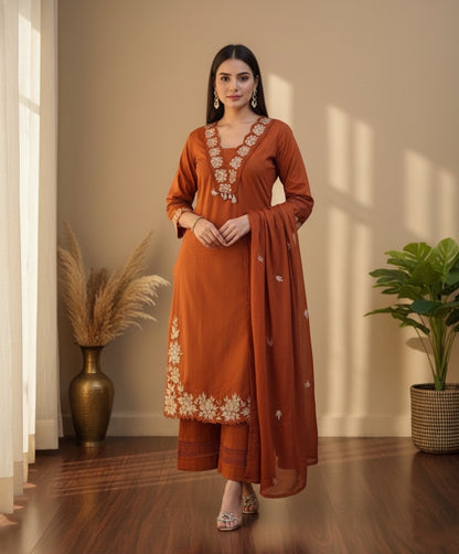 Gaurangi Embroidered Cotton Kurti Pant Dupatta Set – Thread & Lace