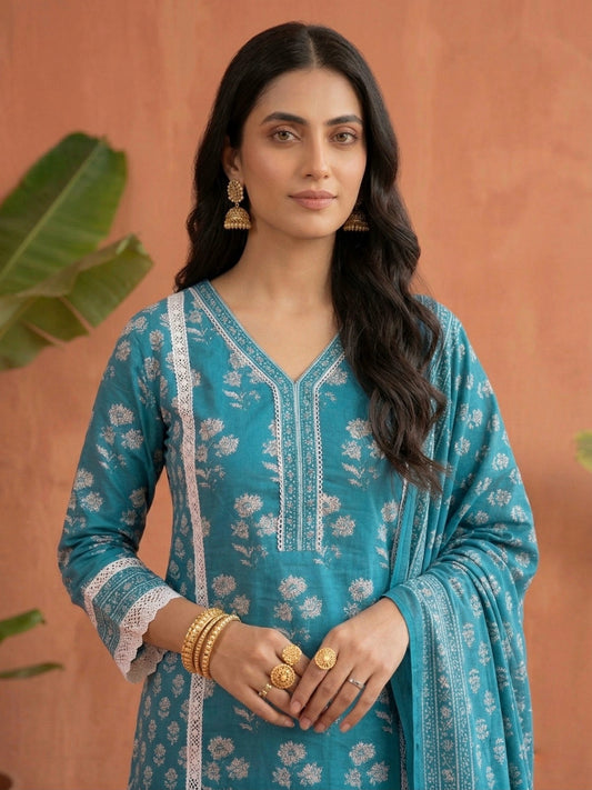 Aarohi Cotton Kurta Set with dupatta & pants Lacework - Sky